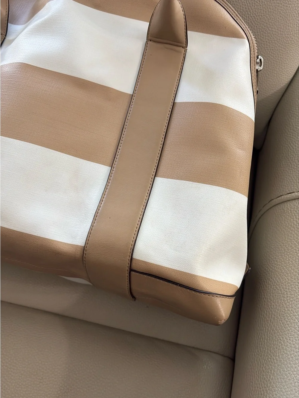 Coach Tan and White Striped bag with Wristlet